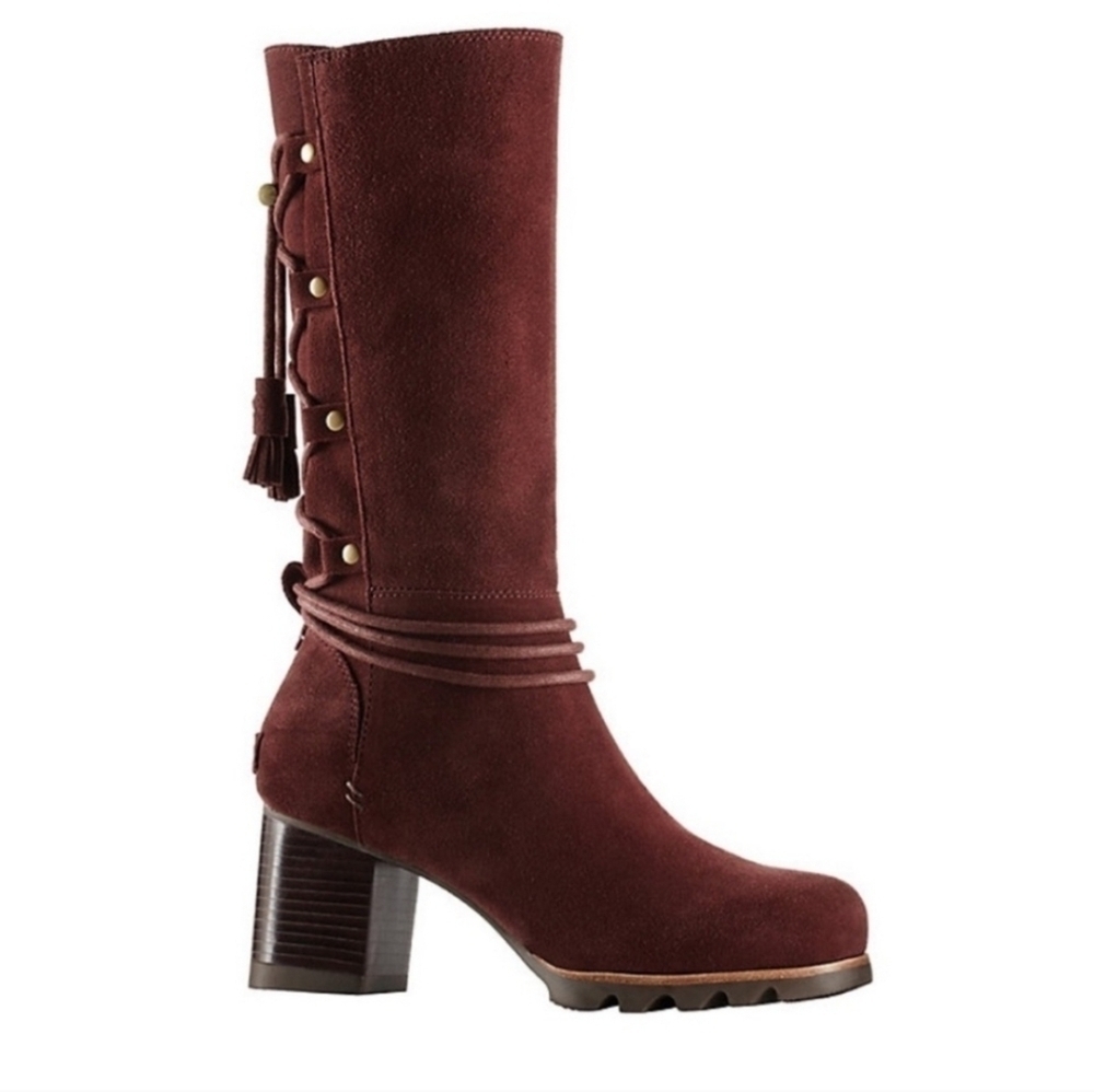 Sorel Women's Farsh Lace Up Back Heels Boots Suede Burgundy Shoes Sz 7.5